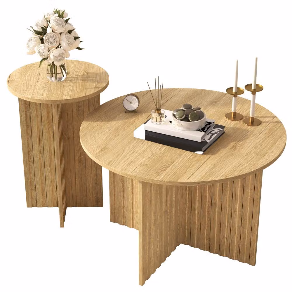 Set di 2 tavolini da salotto in legno AIORBER - tavolini rotondi dal design scandinavo, salvaspazio e stabili, MDF/PB, colore legno