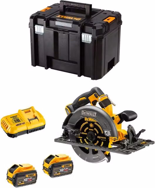 Sega Circolare DeWALT DCS579X2 FlexVolt Gialla con 2 Batterie da 54V/18V 9,0 Ah, Caricabatterie DCB118 e Contenitore TSTAK VI