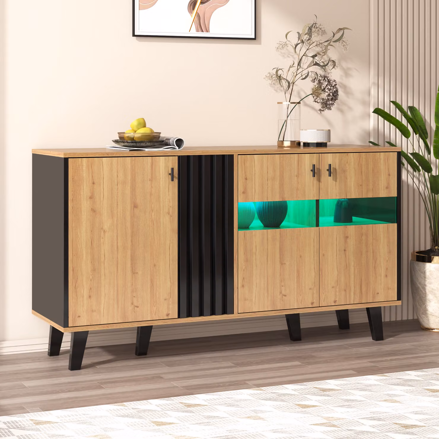 Cassettiera Merax con illuminazione a LED, credenza a 3 ante e 6 scomparti, credenza a buffet, mobile contenitore per la casa di campagna 140x78x41cm, naturale/nero