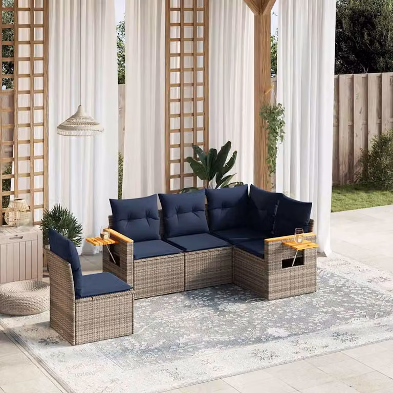 vidaXL Set Divani da Giardino a L 5 Pezzi in Polyrattan con Cuscini Blu e Grigio e Tavolino da Esterno