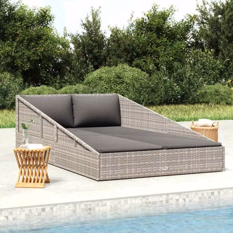 vidaXL Lettino da Giardino in Polyrattan Grigio con Parasole e Cuscino Impermeabile L: 200 cm, P: 110 cm
