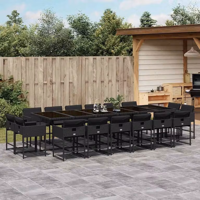 vidaXL Set da Pranzo da Giardino 17 pz in Polyrattan Nero con Cuscini e Tavolo in Vetro