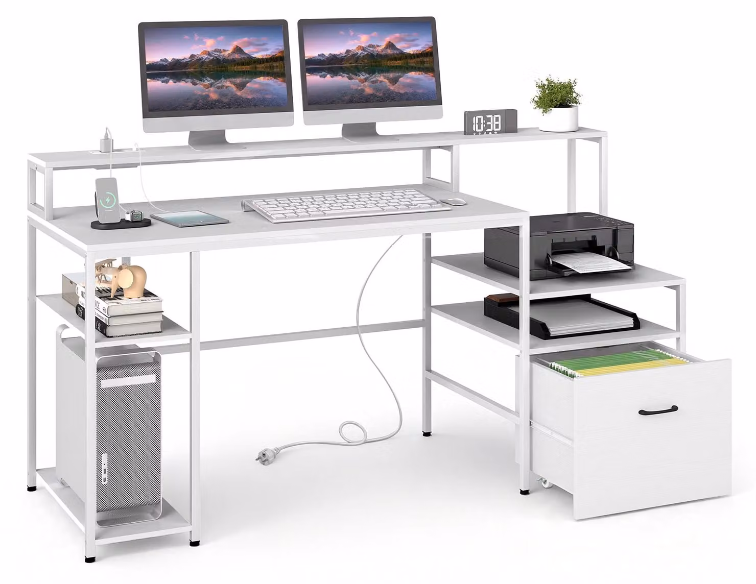 Scrivania per computer con stazione di ricarica, tavolo da lavoro con cassetto scorrevole, supporto per monitor, struttura in metallo e piedini regolabili, dimensioni 166x60x88 cm