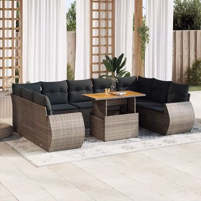 Set Divano da Giardino vidaXL a Forma a U in Polyrattan Grigio con Cuscini e Tavolino da Caffè – 1