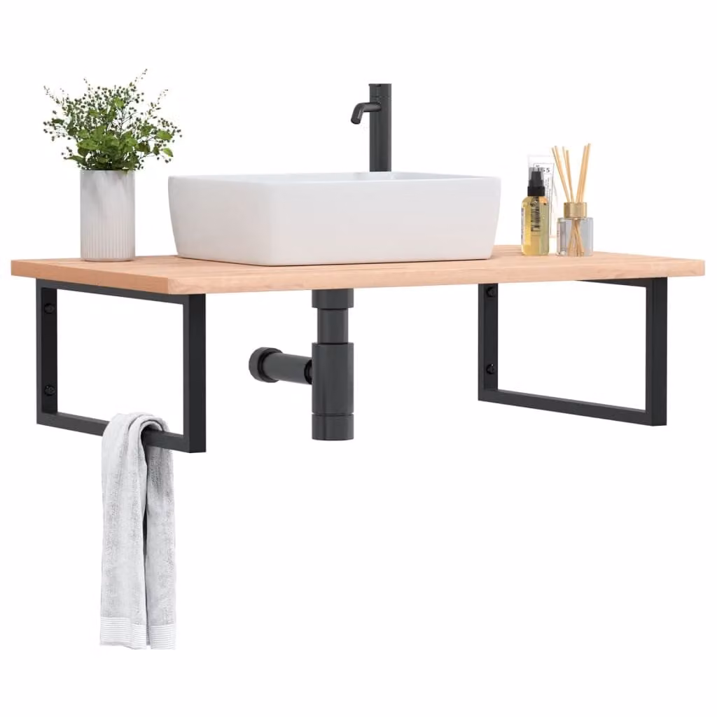 vidaXL Ripiano da parete per bagno in metallo nero e legno di faggio naturale