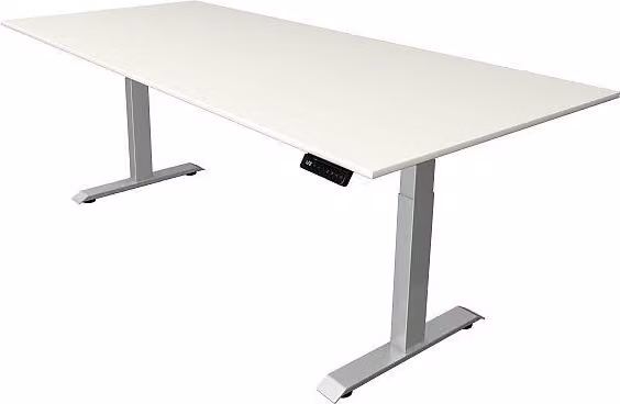 Scrivania Kerkmann Move 4 regolabile elettricamente in altezza, bianca, rettangolare, con base a T argento, 250,0 x 100,0 cm
