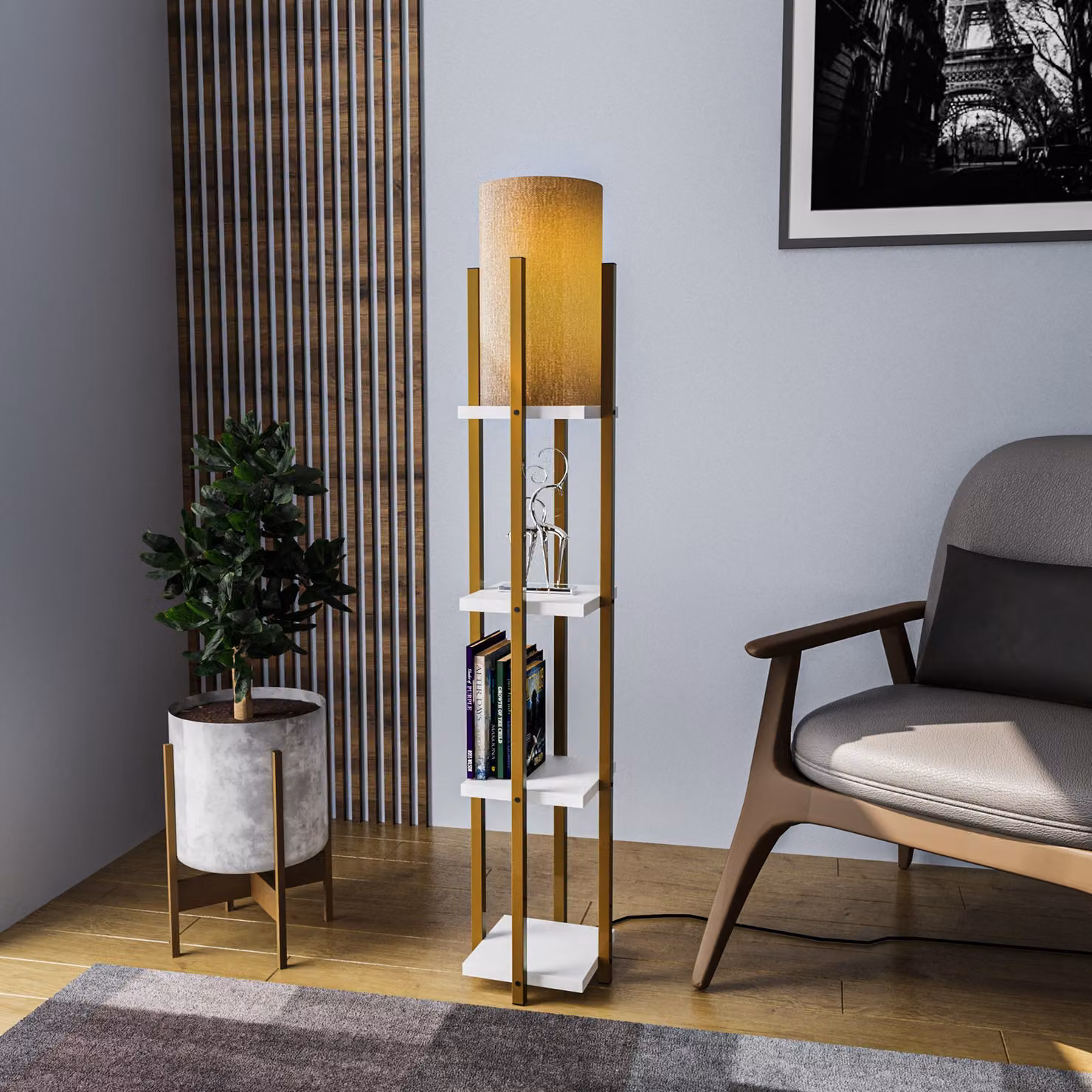Opviq, Lampada da scaffale - 8120, lampada da terra, CORPO IN METALLO, oro, 25 x 25 x 130 cm