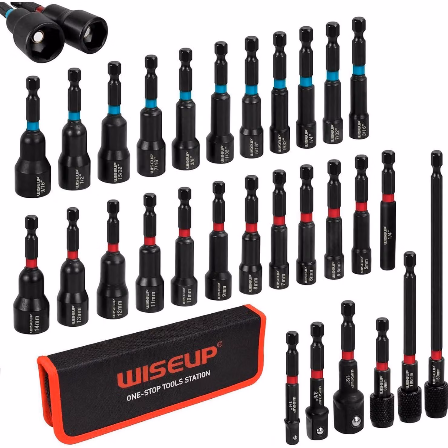 Set di chiavi a bussola magnetiche, 29 pezzi, in acciaio Cr-V, con misure SAE e metriche, completo di adattatore per inserti