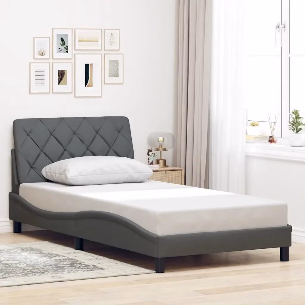 Letto singolo moderno per adulti in tessuto grigio con struttura imbottita e doghe in legno L/P/H: 200 x 100 x 74,5 cm – 2