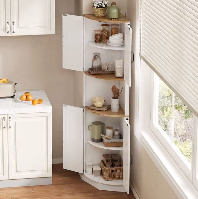 Armadio angolare salvaspazio in MDF bianco e effetto legno, 39,5×39,5×180 cm