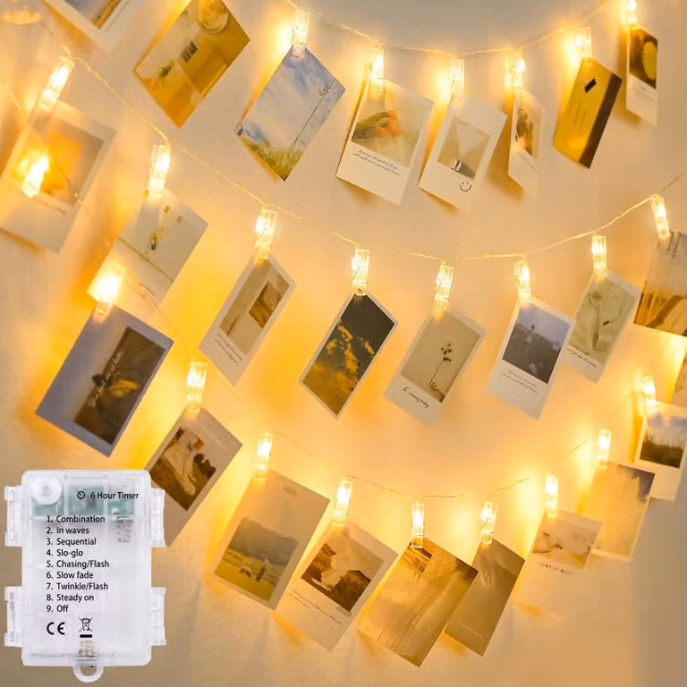 Catena luminosa a LED con clip per foto, lunghezza 3 metri, 20 LED bianco caldo, con timer