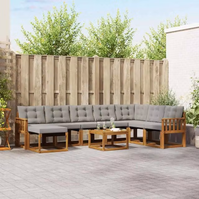 Set di divani da esterno vidaXL a forma di L composto da 9 pezzi in legno di acacia con cuscini beige e grigi