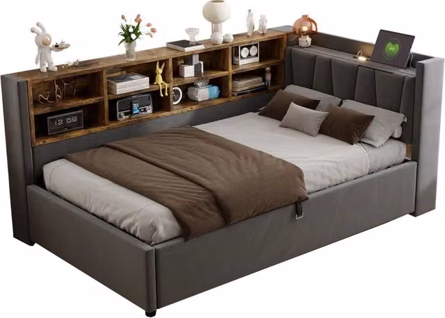 Letto singolo imbottito grigio con contenitore idraulico, lampada integrata, ripiani e porte USB e Type-C, dimensioni 90x200 cm – 1
