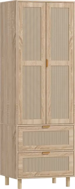 HOMCOM Armadio da camera con 2 porte effetto rattan, 2 cassetti e barra appendiabiti, 63 x 47 x 185 cm, legno naturale   Aosom Italy