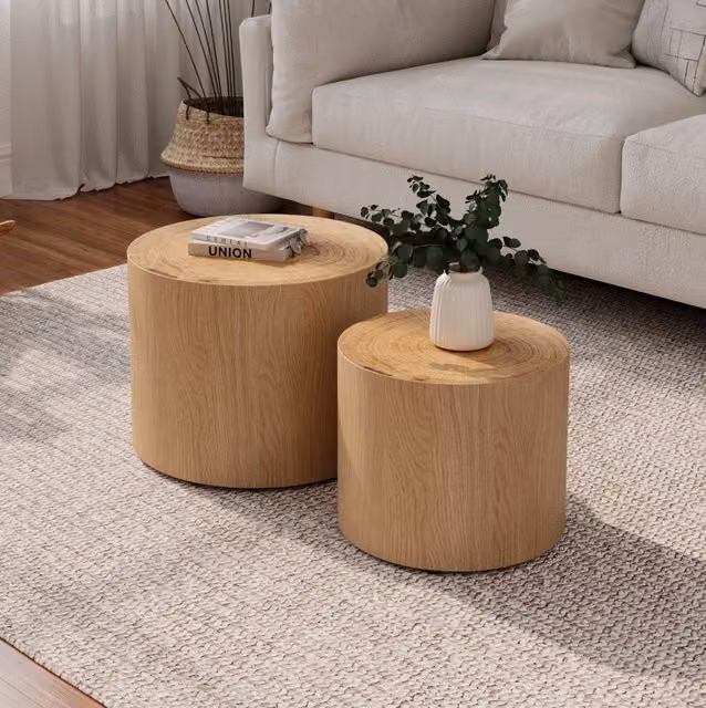 Set 2 tavolini da salotto ULEVR rotondi a incastro, ?48x38 e ?38x32 cm, legno naturale e MDF