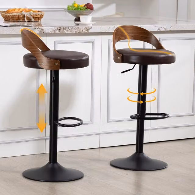 Sgabello da Bar Girevole MINIMAL con Schienale, Seduta in PU Noce e Nero, Altezza Regolabile