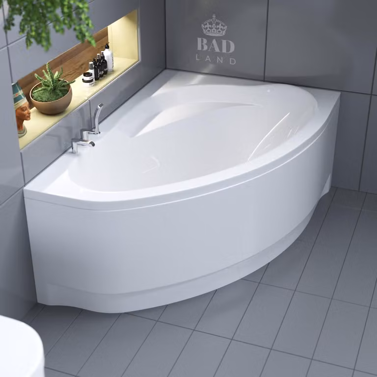 Vasca da bagno angolare 160x100 destra con grembiule in acrilico, set di scarico e piedini GRATIS | set completo 4in1 originale sifone da bagno in acrilico | BADLAND MAREA