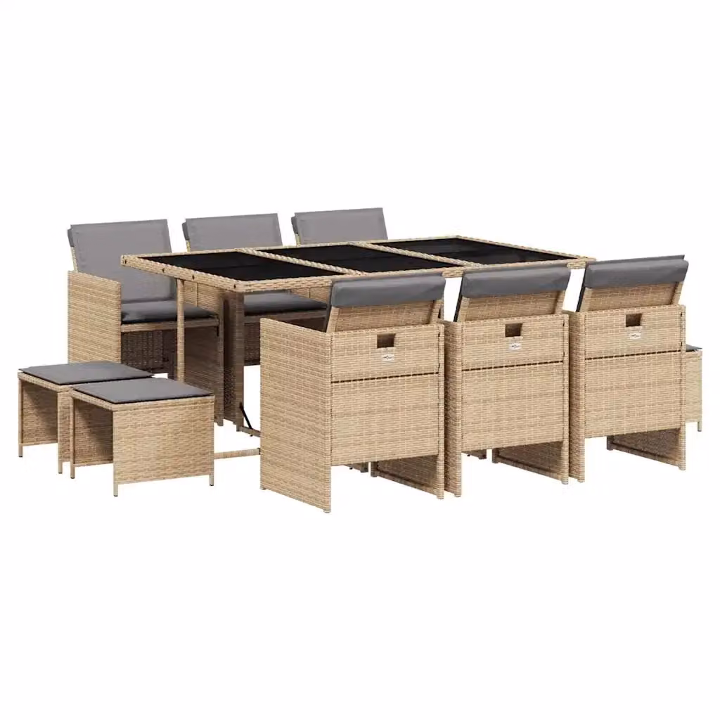Set Pranzo da Giardino vidaXL 11 pz in Polyrattan con Cuscini Beige e Piano in Vetro – 2