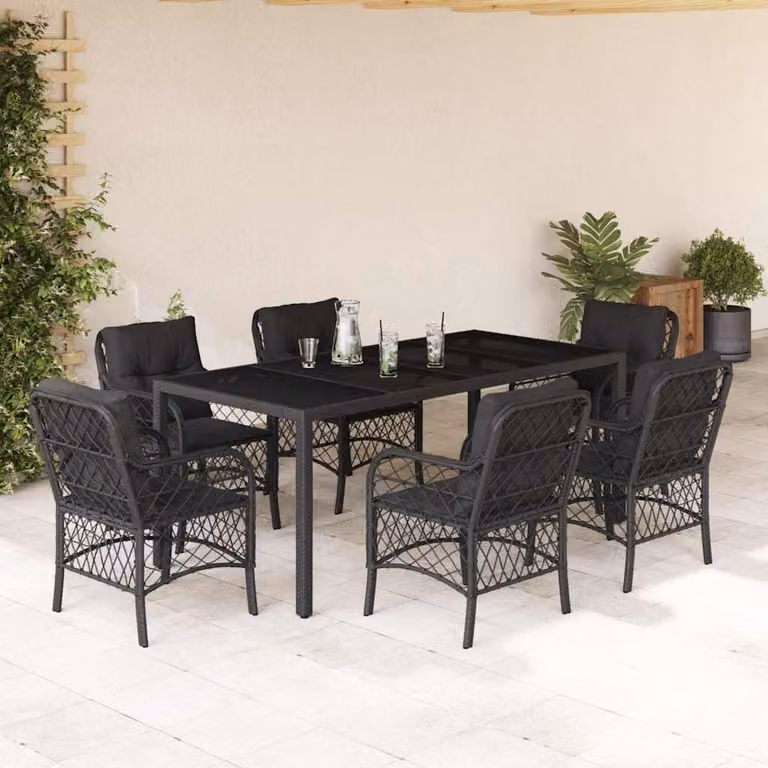 Set da Pranzo da Giardino vidaXL 7 pz in Polyrattan Nero con Piano in Vetro