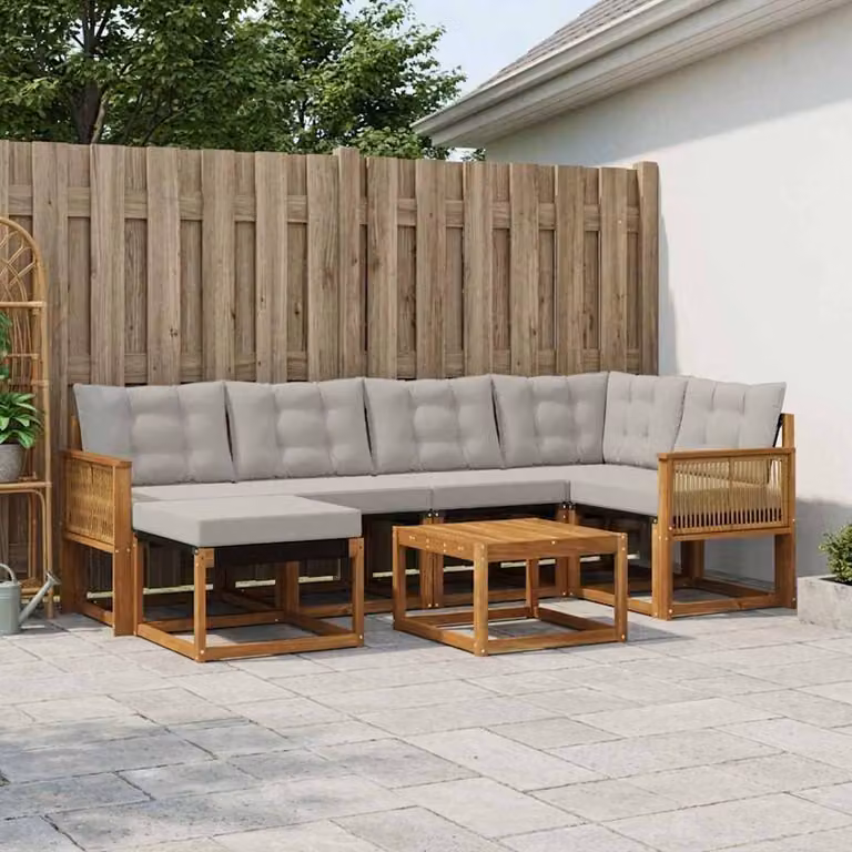 Set di divani da esterno vidaXL 7 pz in legno di acacia con cuscini, colore beige e grigio