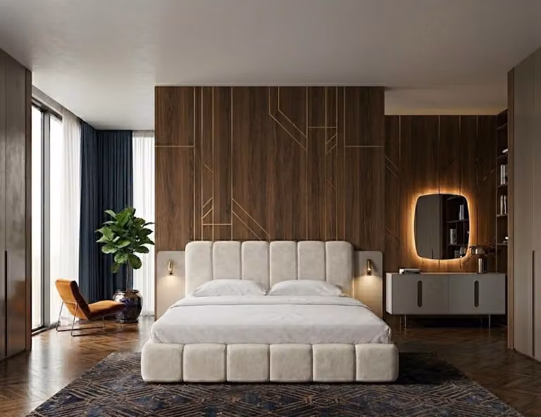 Set da camera da letto color beige: letto morbido, consolle in legno, specchio, mobili per camera da letto