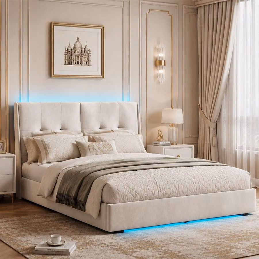 Letto idraulico INONEFT, 160 x 200 cm, letto imbottito con LED e spazio contenitore, letto per adulti, letto matrimoniale con rete a doghe, tessuto velluto, colore beige, senza materasso
