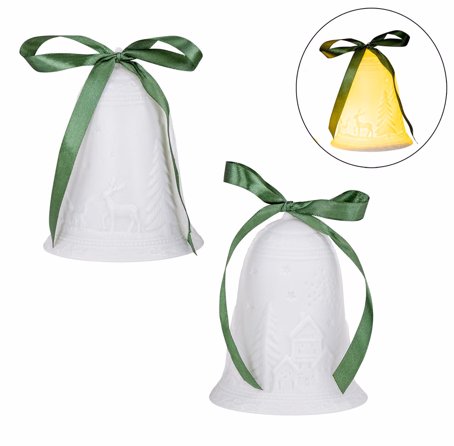 set di 2 LED campana bianca H14cm porcellana decorazione da tavolo foresta invernale decorazione natalizia luce decorativa