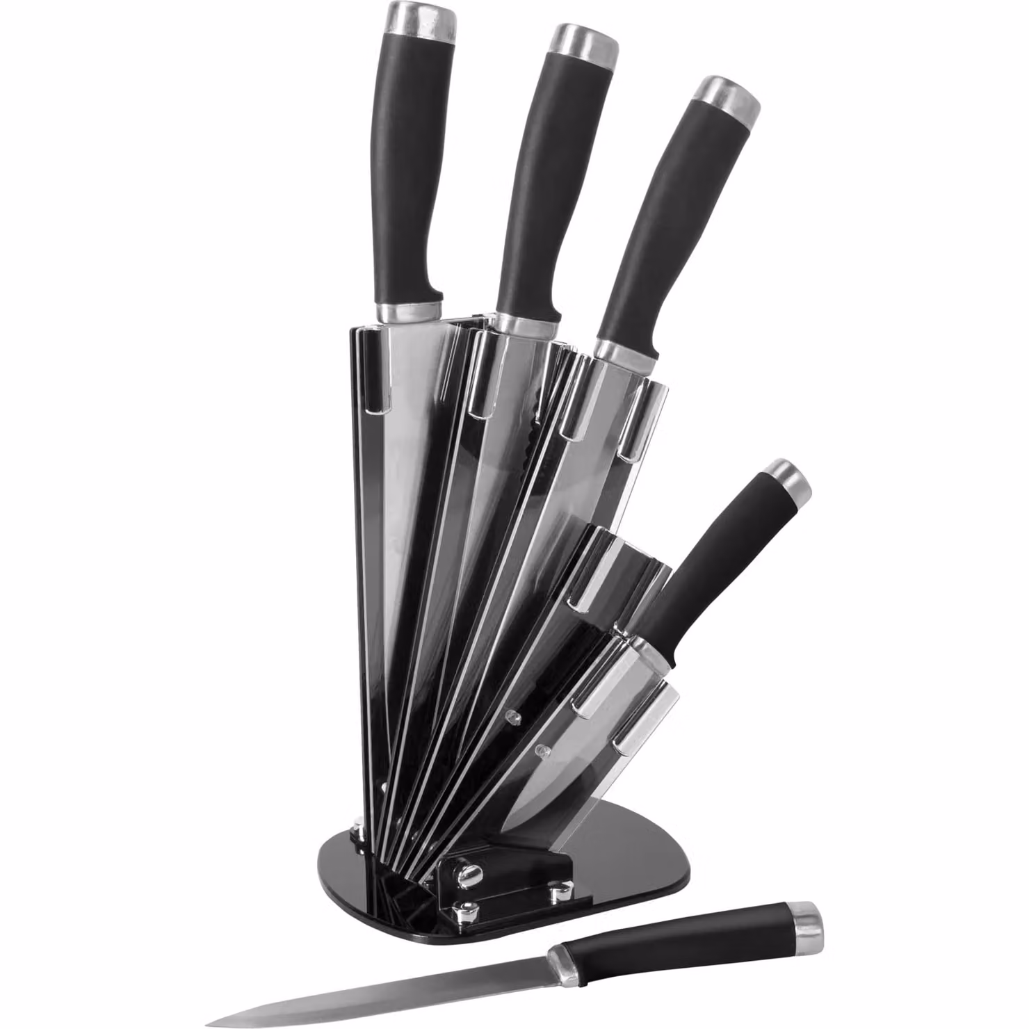 GUSTO CASA Set di Coltelli in Acciaio Inox con Supporto a Ventaglio Nero, 6 Pezzi