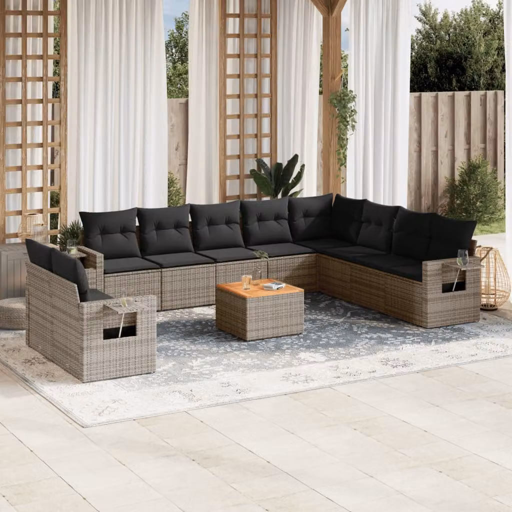 vidaXL Set Divani da Giardino 11 pz in Polyrattan Grigio con Cuscini e Tavolino da Esterno – 1