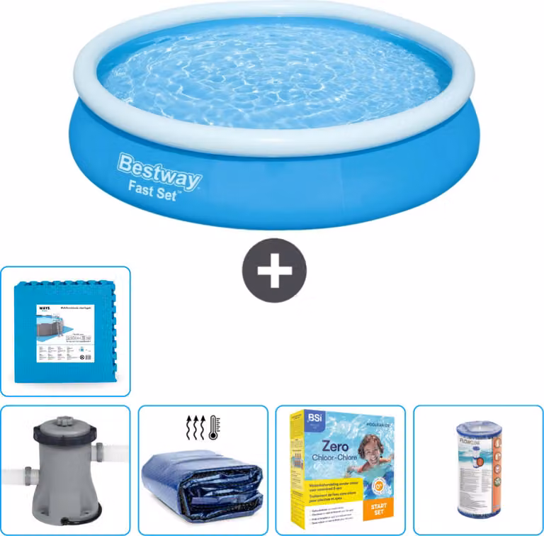 Piscina gonfiabile rotonda Bestway ad ambientazione rapida - 366 x 76 cm - blu - inclusa pompa tenda - pacchetto manutenzione - filtro - pavimento in piastrelle