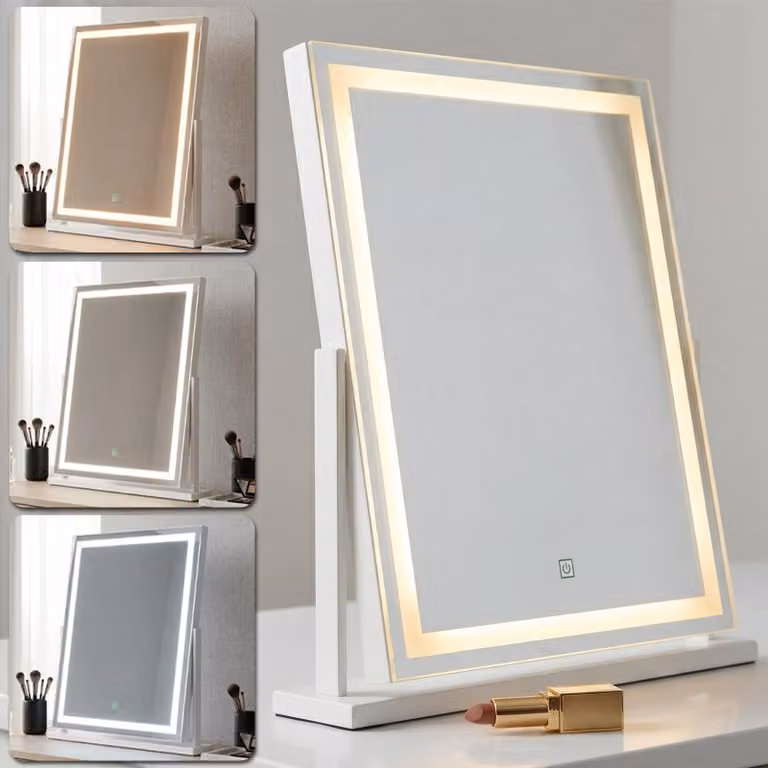 Specchio da trucco a LED, rettangolare, 58x52 cm, con dimmer, 3 tonalità di luce e sensore touch