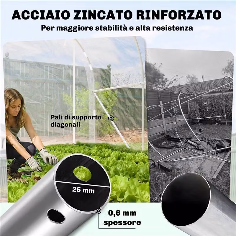 Serra a tunnel con telaio in acciaio e copertura in PE anti-UV trasparente, dotata di porte avvolgibili, L: 3 m, P: 2 m, H: 2 m – 2