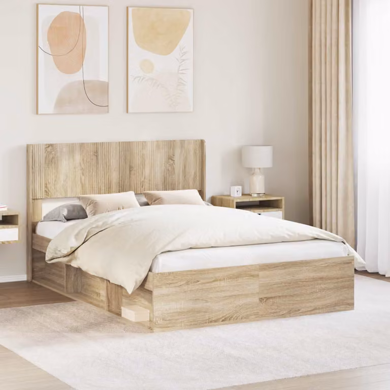 Struttura letto con stoccaggio e testata vidaXL in Rovere Sonoma marrone L/P/H: 203 x 160 x 140 cm