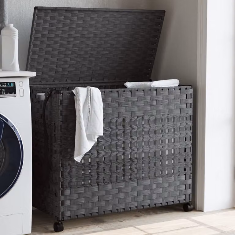 Cesto Portabiancheria con Ruote e Coperchio vidaXL in Rattan Grigio e Bianco L/P/H: 66 x 35 x 60 cm