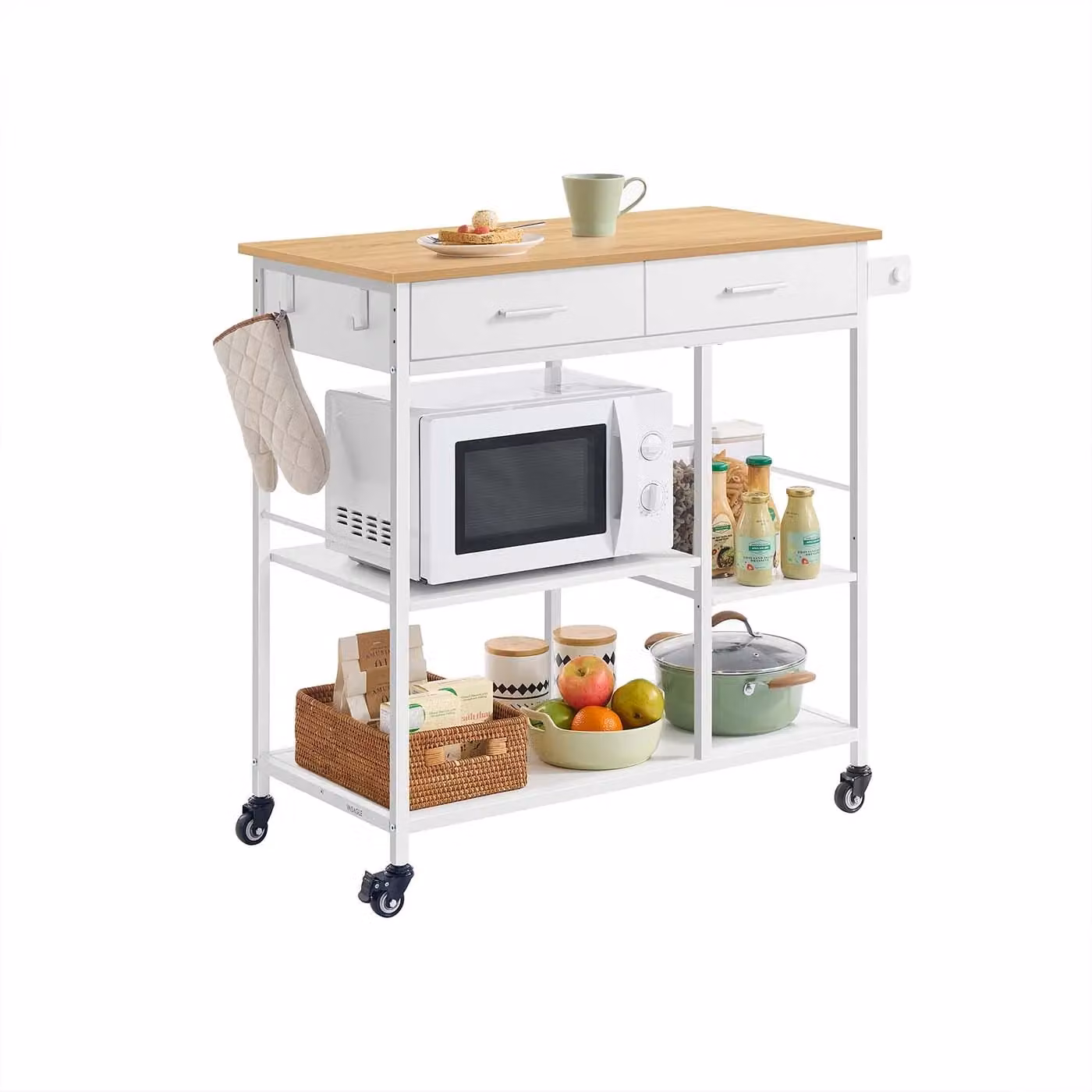 Isola da cucina con ruote cassetti ganci e portasciugamani, 98,7l cm