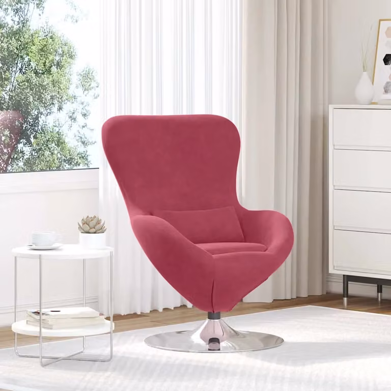 Poltrona uovo moderna vidaXL in velluto rosso con struttura in metallo e seduta girevole 360 gradi