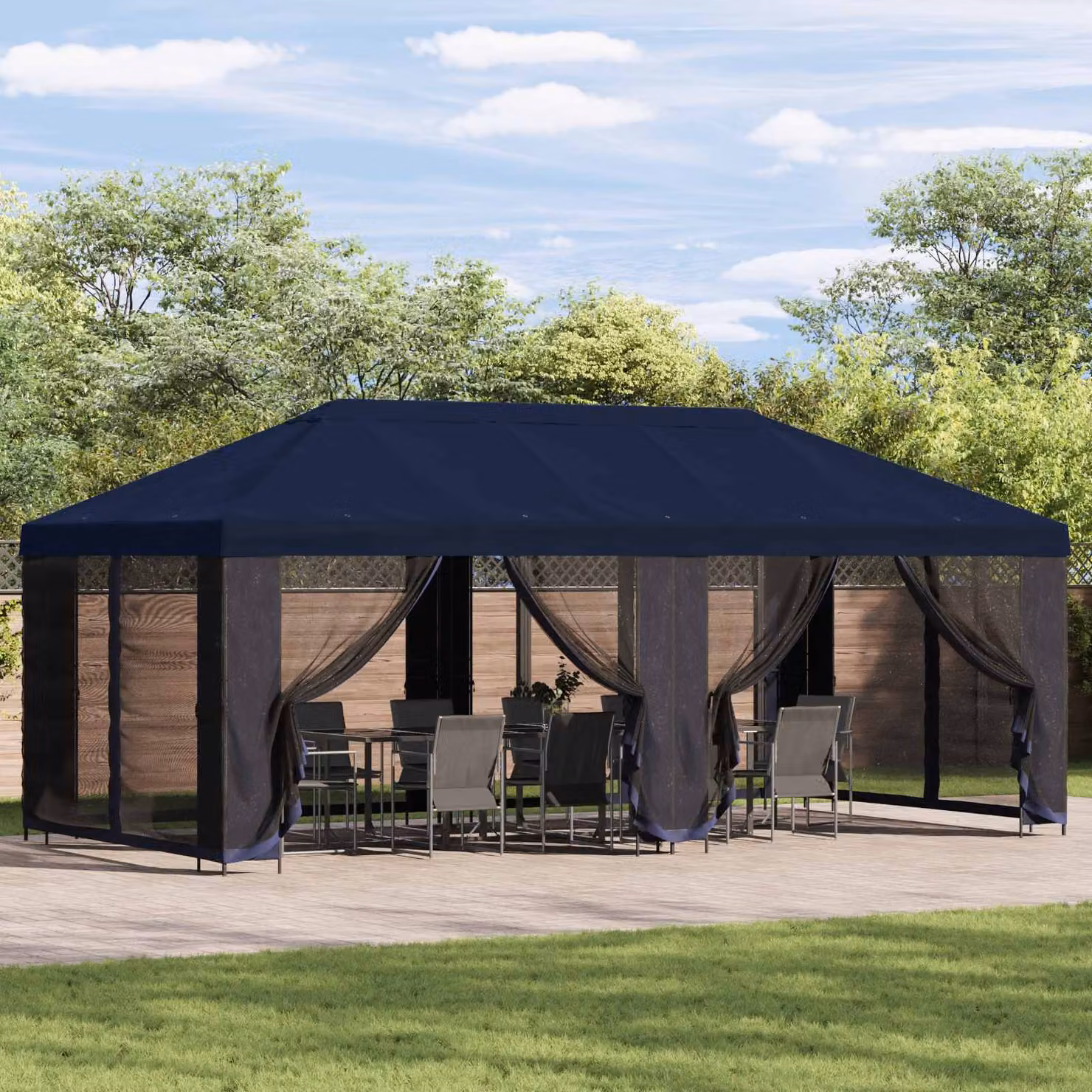 vidaXL Gazebo da giardino con pareti laterali in poliestere e acciaio, L: 600 cm, P: 300 cm, H: 276,5 cm, Blu