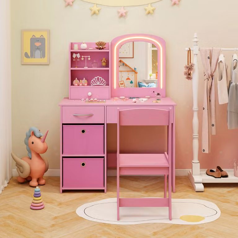 Set da trucco per bambini Costway con specchio illuminato a LED, tavolo e sedia da principessa in MDF rosa lucido