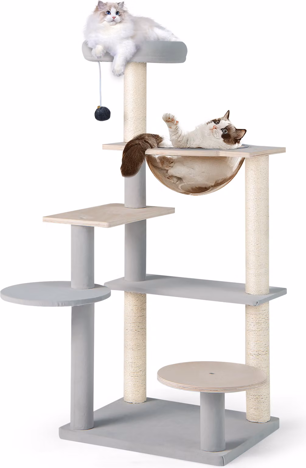 COSTWAY tiragraffi 113cm, albero per gatti piccolo con piattaforme, capsula spaziale, paletti e giocattoli in sisal, albero delle attività albero per arrampicarsi in legno grigio