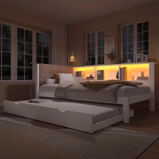 Letto Singolo con Rete Estraibile, LED e Ripiano ¨C MINIMAL ¨C Pino Bianco 90x200