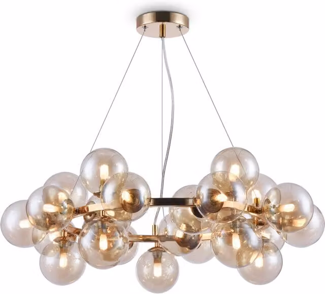 Lampadario a sospensione Maytoni Dallas in ottone e vetro trasparente con 25 luci a sfera, regolabile in altezza