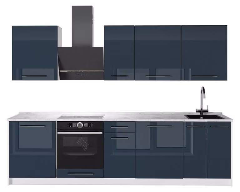 Cucina componibile Vicco Fame-Line Blu scuro lucido/Bianco 280 cm, PL Marmo, Model 64235