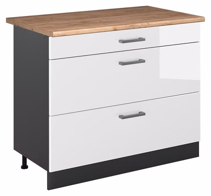 Mobiletto base per cucina Vicco R-Line Bianco lucido/Antracite 100 cm piano di lavoro Rovere dorato, Model 71596