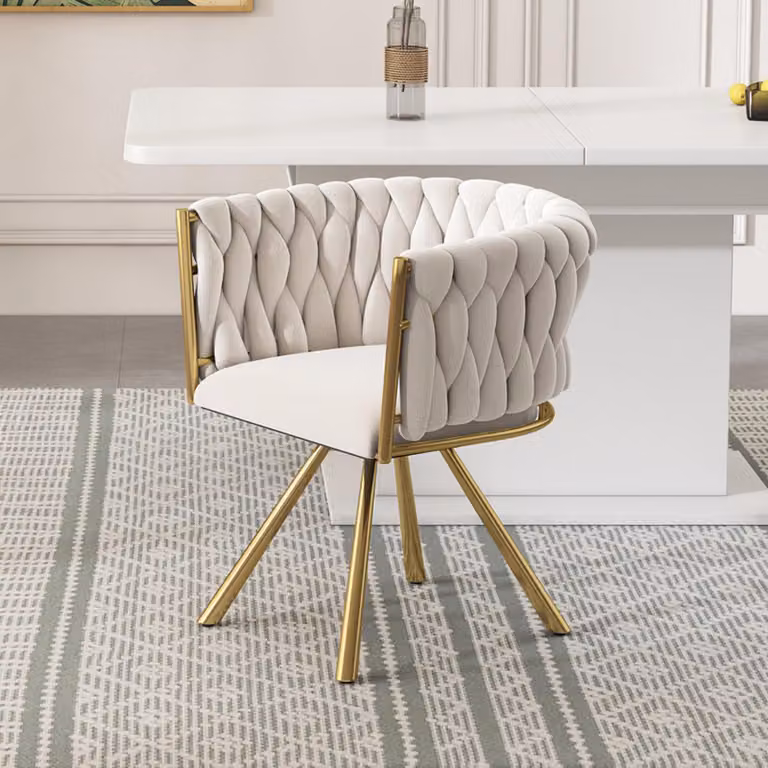 Sedia da pranzo in velluto Sweiko, sedia girevole singola di colore chiaro per camera da letto, sedia girevole per il tempo libero con quattro gambe di supporto in metallo, beige e oro