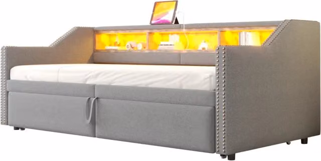 Divano letto estraibile 90/180x200 cm con LED; USB e vani laterali; grigio chiaro