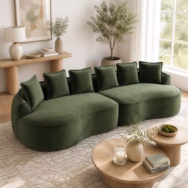 Divano modulare senza struttura in ciniglia verde con chaise longue profonda e braccioli larghi
