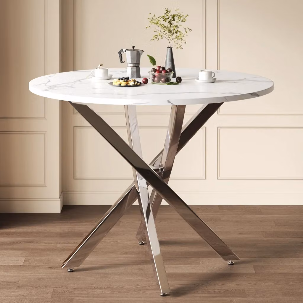 Tavolo da pranzo rotondo OKWISH con piano effetto marmo bianco e gambe in metallo argento, L/P/H: 80 x 80 x 75 cm – 2