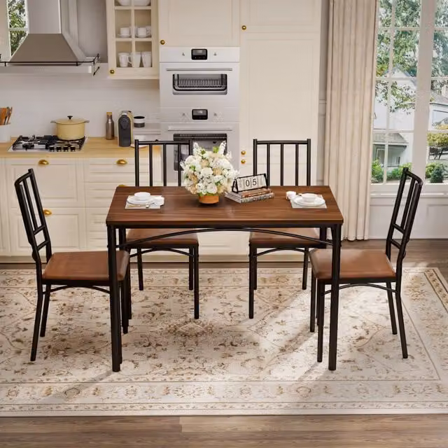 Set tavolo da pranzo rotondo con 4 sedie WISHDOR in stile industriale, colore marrone, per cucina e soggiorno, L/P/H: 120 x 120 x 76.5 cm – 1