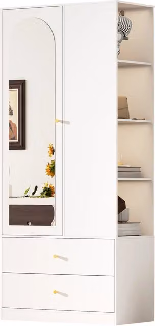 Armadio con specchio; 1 anta; 2 cassetti e 4 vani; per camera e ingresso; in MDF; bianco