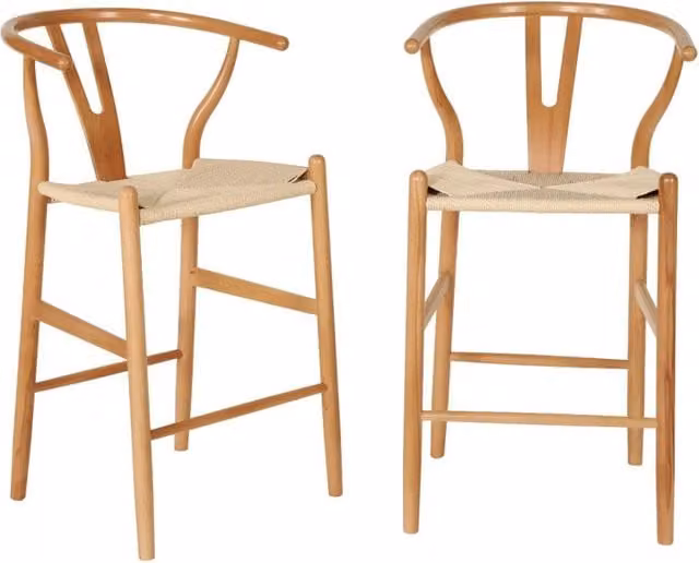Set 2 sgabelli da bar vintage in legno di faggio e corde, marrone